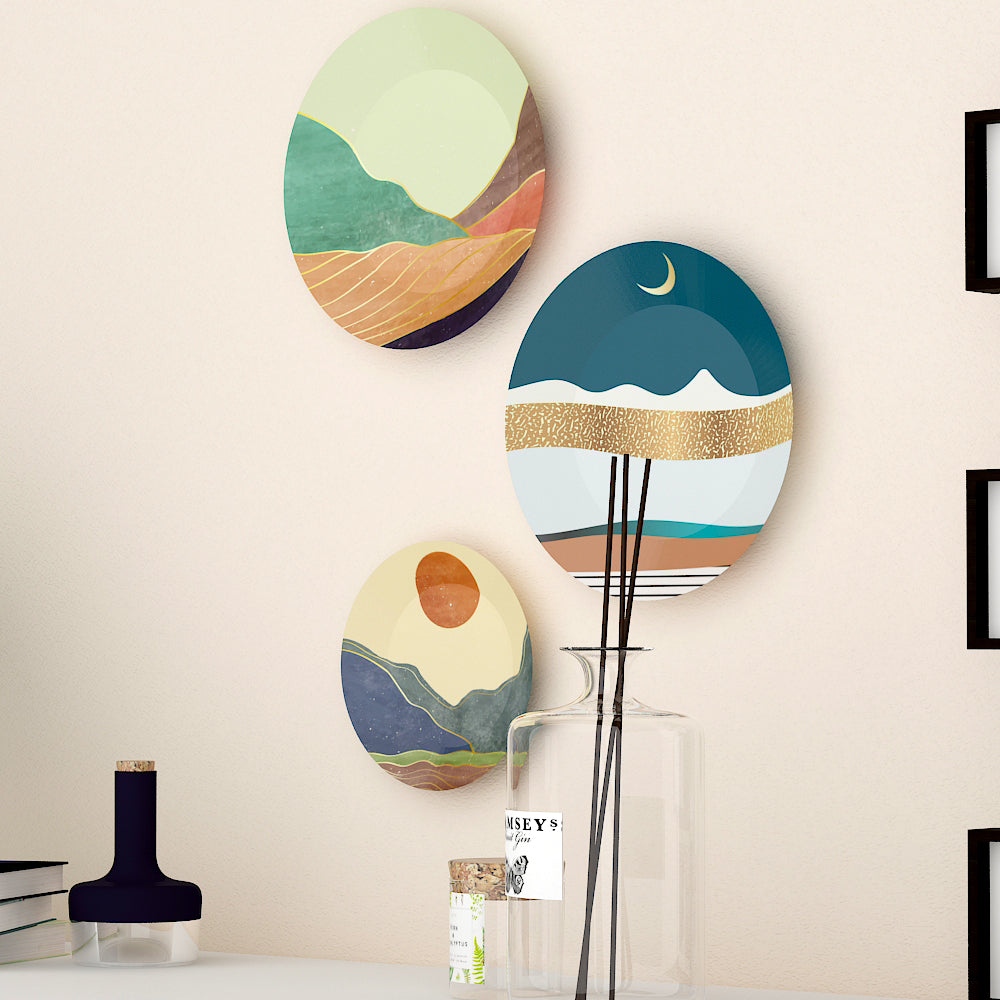 Wall Hanging Ceramic Wall Plates With Modern Art Scenery Design Set of 3