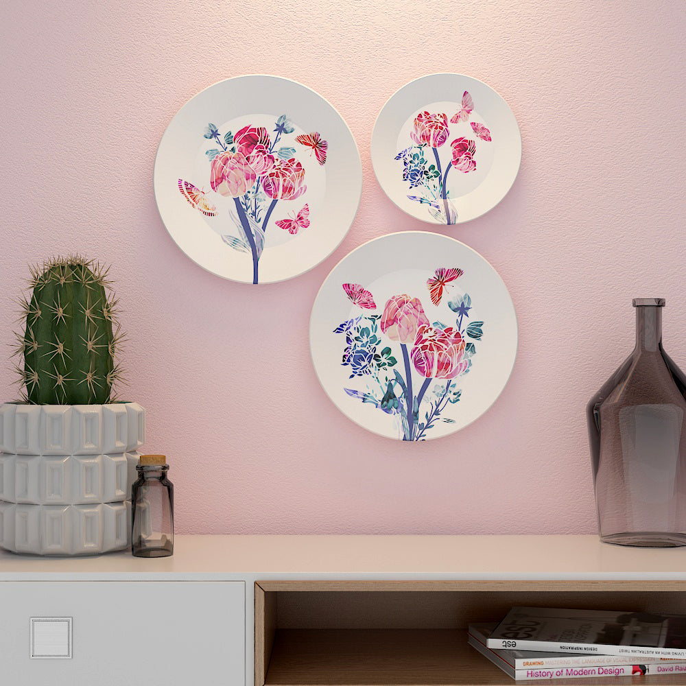 Beautiful Abstract Flower and Butterfly Decorative Ceramic Wall Hanging Plate with Stand | Set of 3 Main image