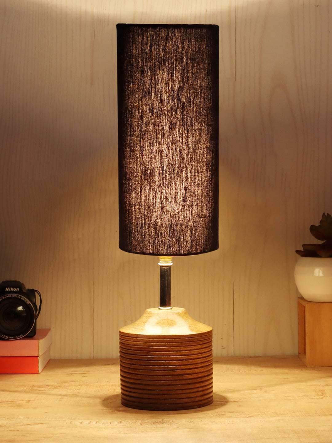 Wood Table Lamp with Black Cotton Shade (AEAP05) Main image