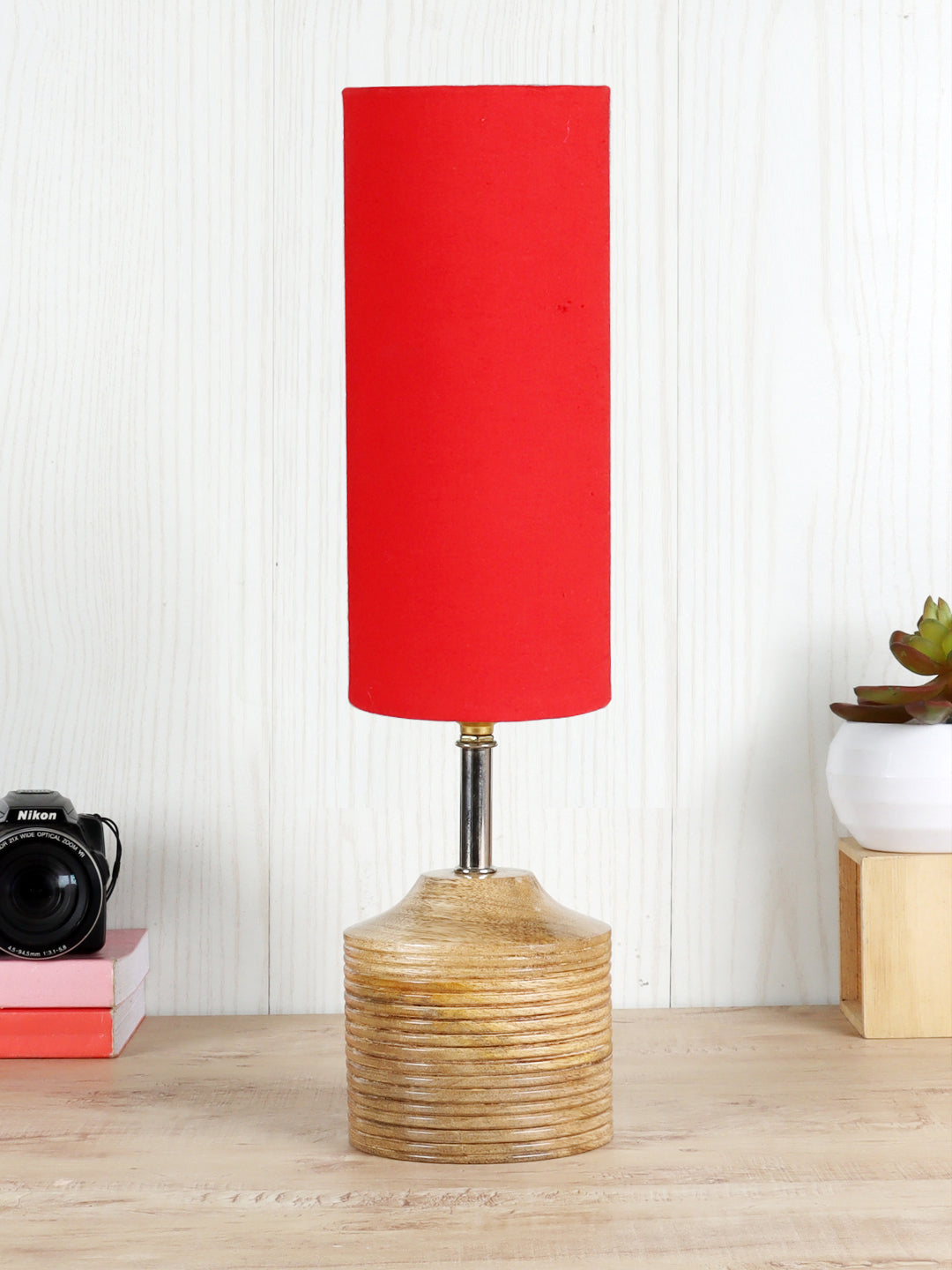 Wood Table lamp with Red cotton Shade (AEAP06) Secondary image