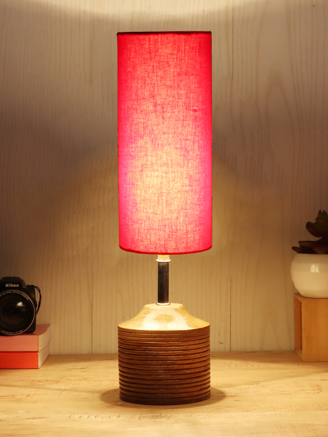 Wood Table lamp with Red cotton Shade (AEAP06) Main image