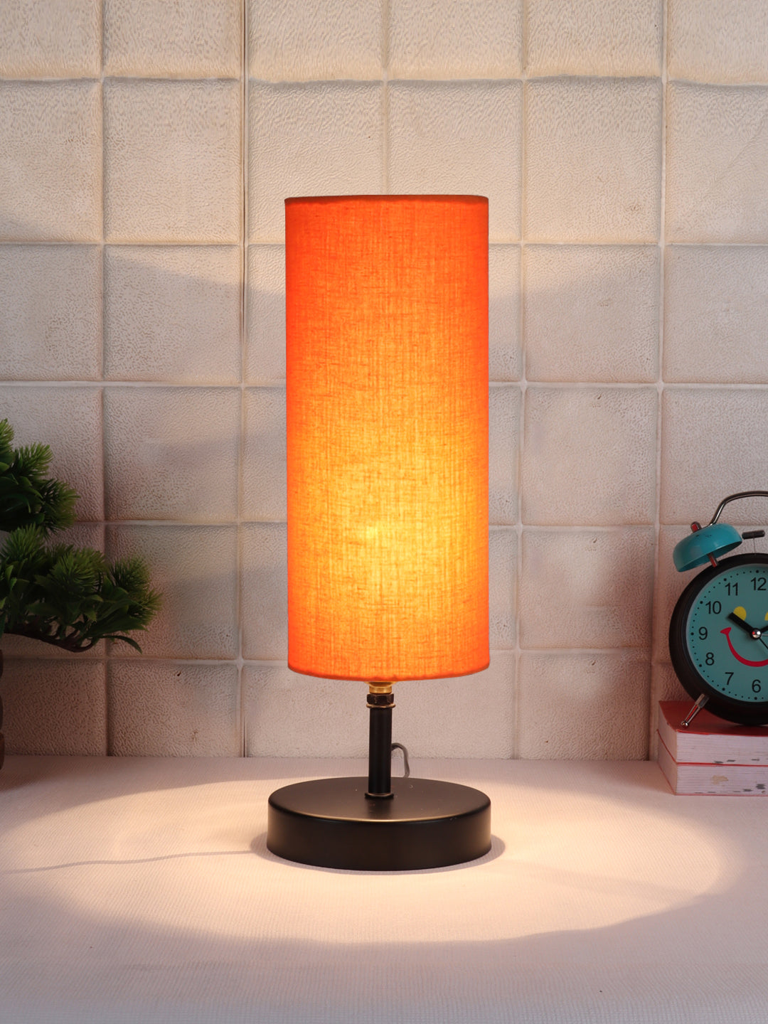 Wood Table lamp with Orange cotton Shade (ACAP07)
