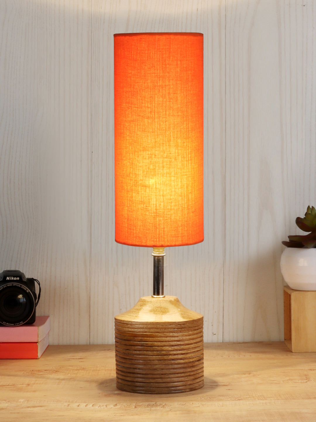 Wood Table lamp with Orange cotton Shade (AEAP07)