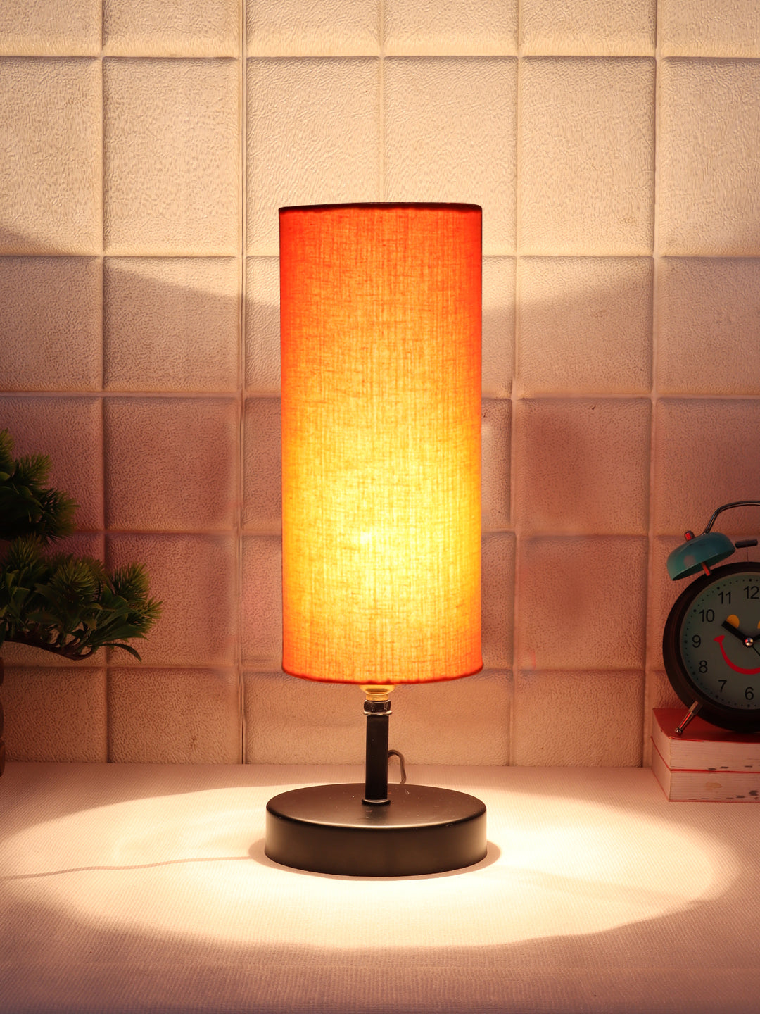 Wood Table lamp with Orange cotton Shade (ACAP07)