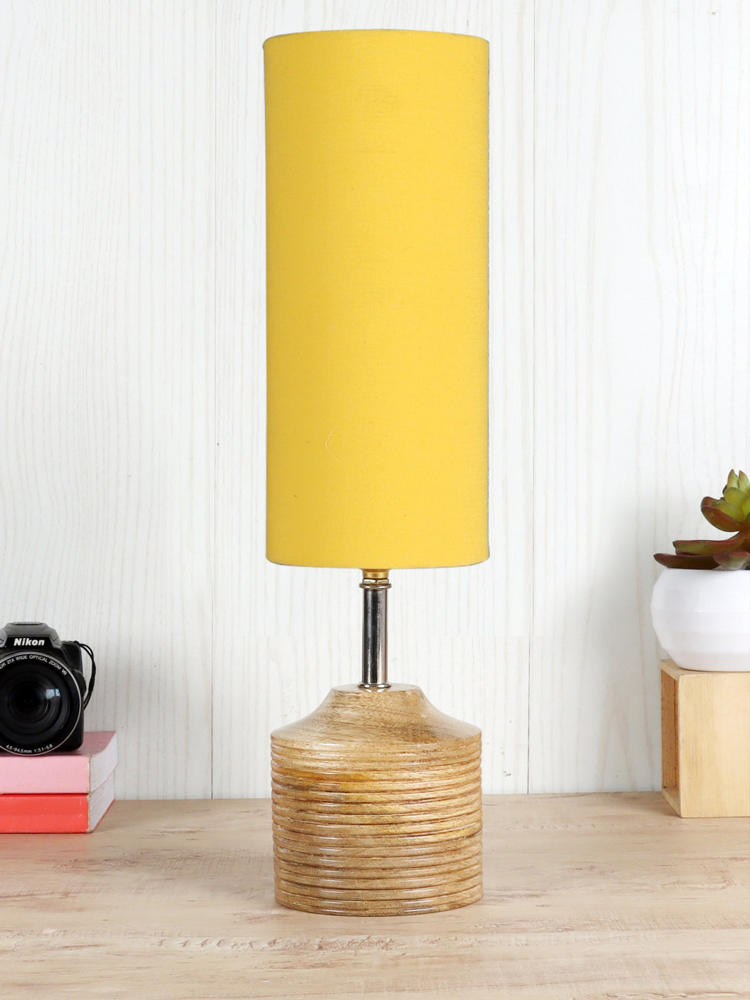 Wood Table lamp with Yellow cotton Shade (AEAP08)