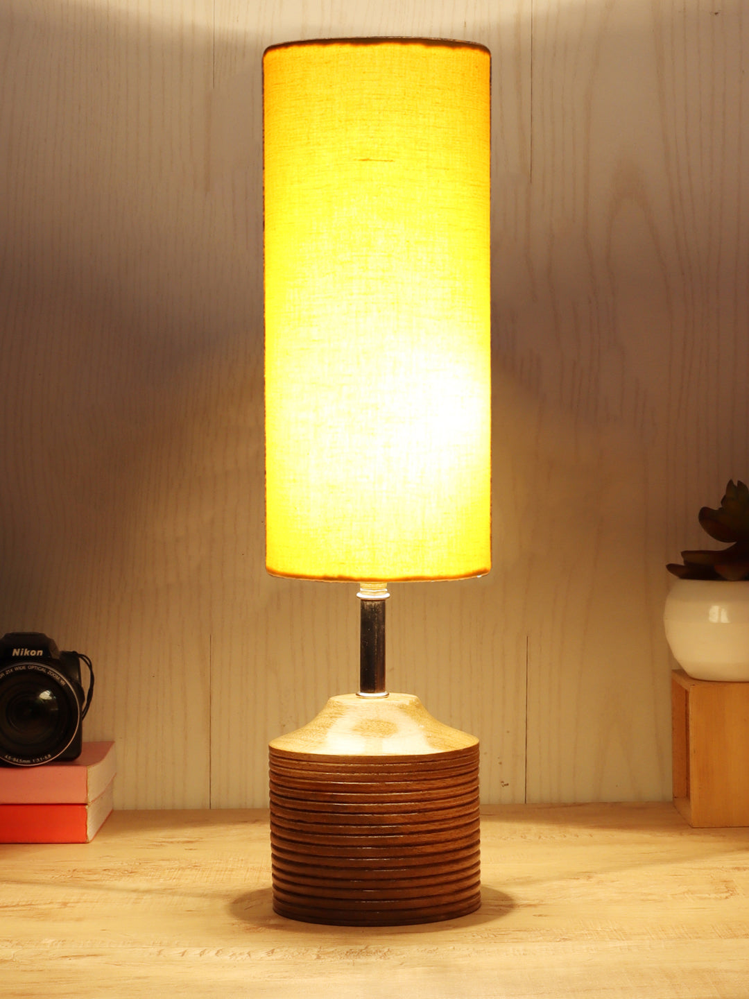 Wood Table lamp with Yellow cotton Shade (AEAP08) Main image