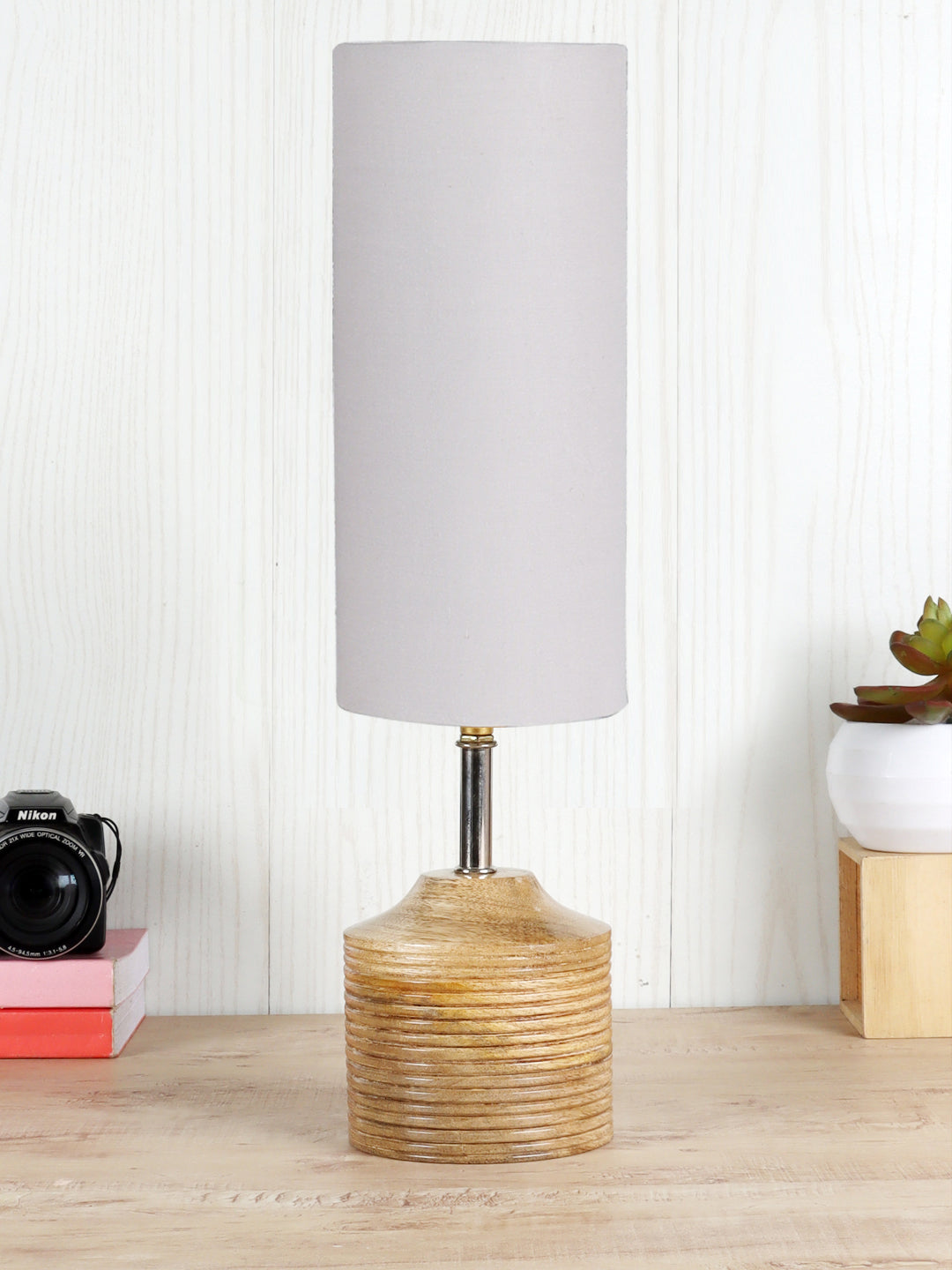 Wood Table lamp with Grey cotton Shade (AEAP09) Main image