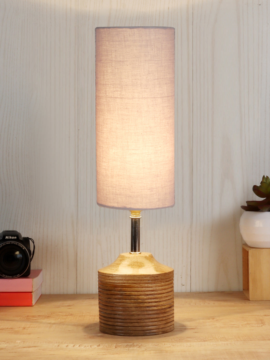Wood Table lamp with Grey cotton Shade (AEAP09) Secondary image