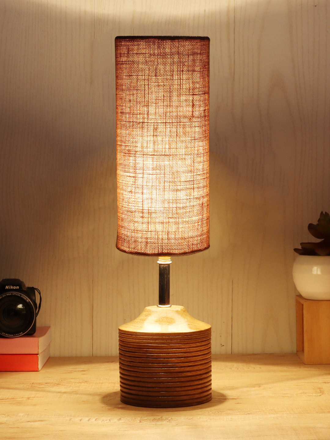 Wood Table Lamp with Beige Jute Shade (AEAP11) Main image