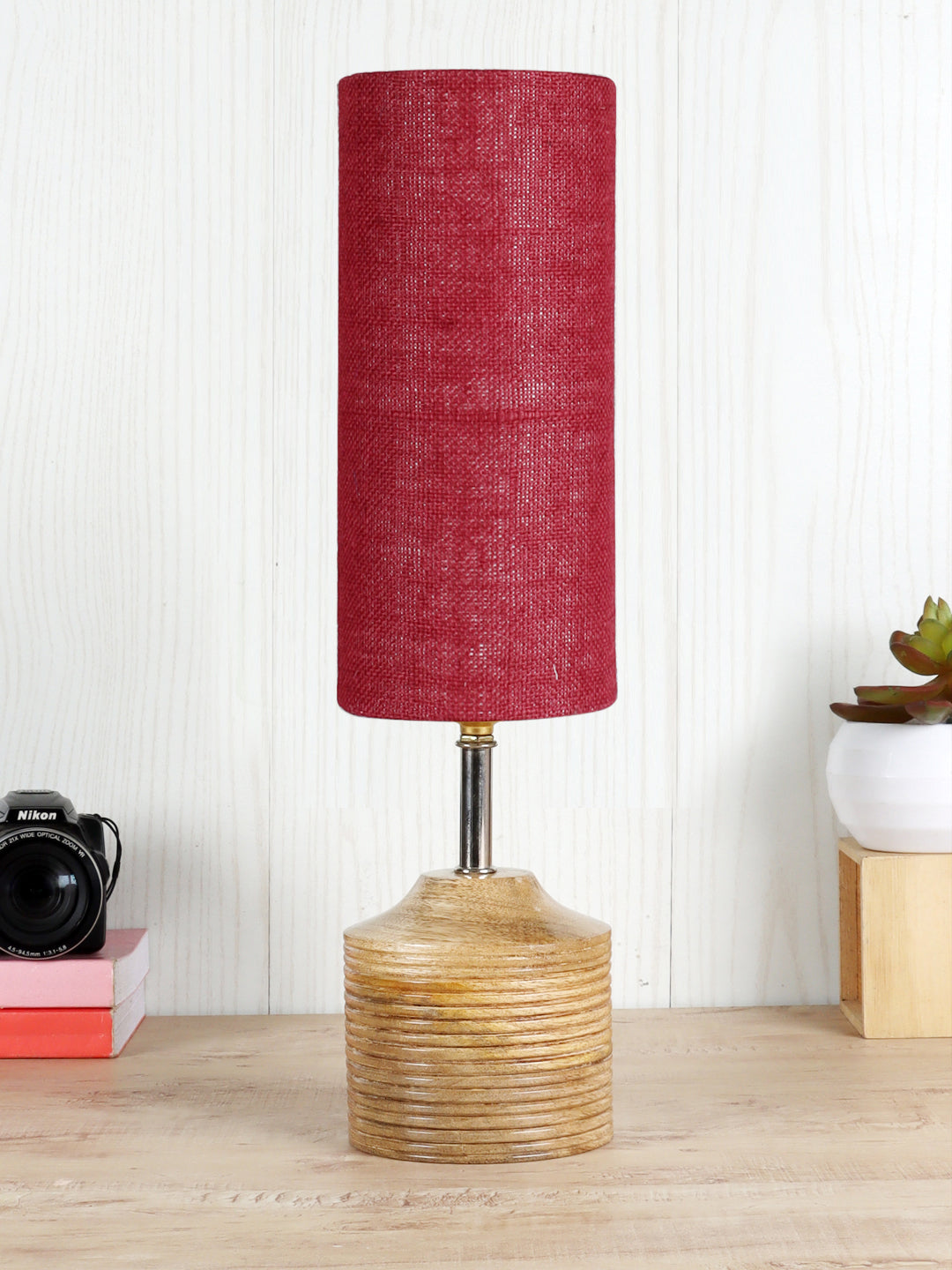 Wood Table lamp with Maroon  Jute Shade (AEAP14) Secondary image
