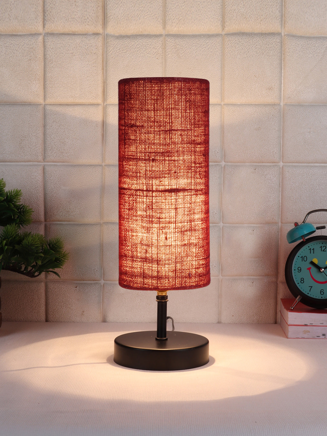 Wood Table lamp with Maroon Jute Shade (ACAP14)