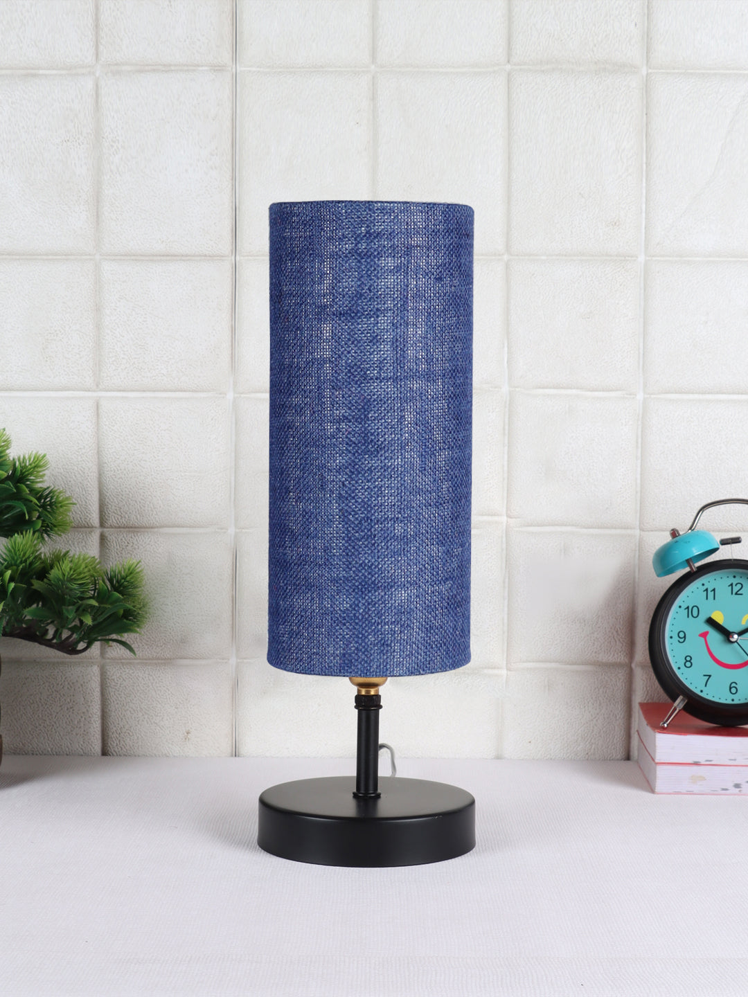 Wood Table Lamp with Blue Jute Shade (ACAP15)