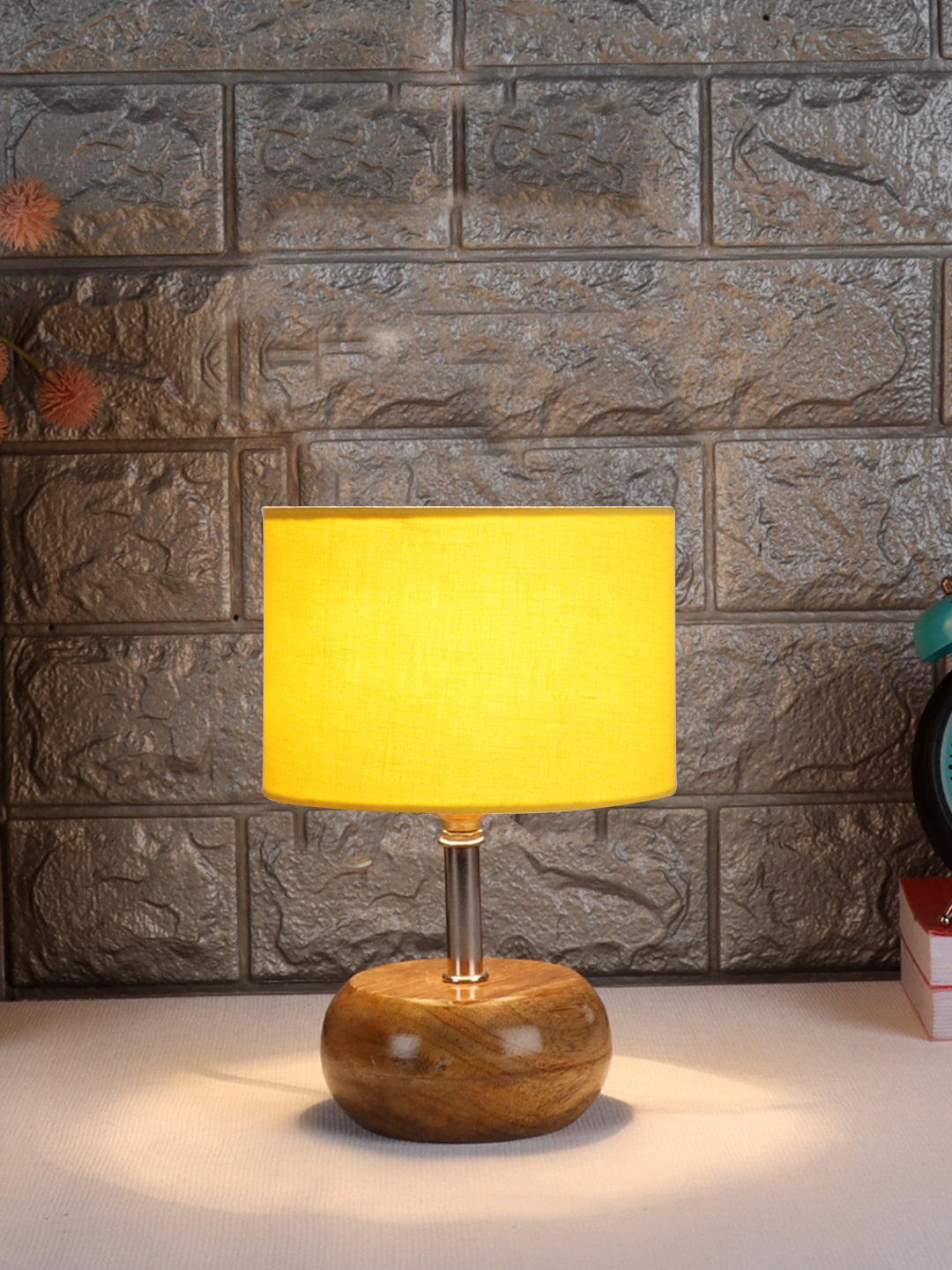 Yellow Cotton Shade with Wood Lamp Base (AJ) Secondary image