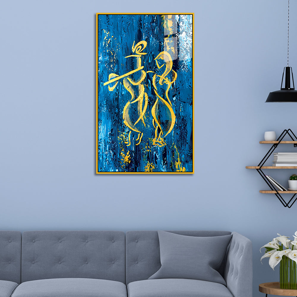Abstract Radha Krishna Wall Art – Golden Brushstroke Canvas on Blue Textured Background Main image