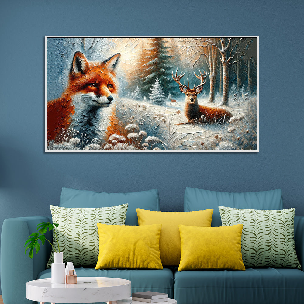 Snow-Covered Wilderness: Fox & Deer Canvas Print Wall Painting Main image