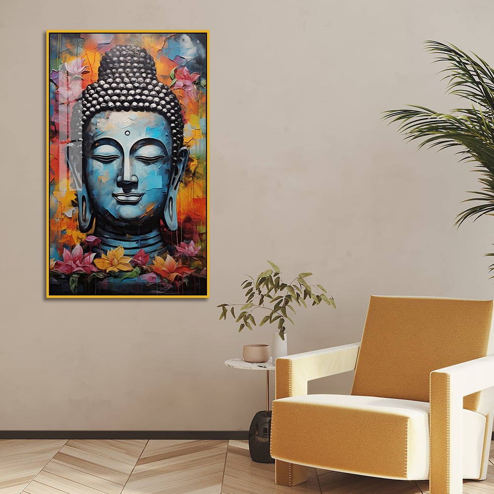 Abstract Buddha Bust Acrylic Wall Paintings with Colorful Lotus Flowers