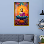 Vibrant Meditating Buddha Acrylic Wall Paintings on a Lotus Throne