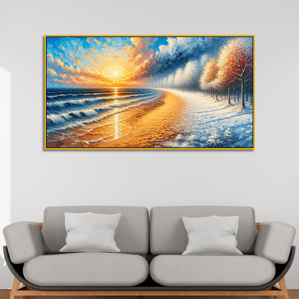 Vibrant Sunset Beach and Snowy Forest Canvas PrintWall Painting