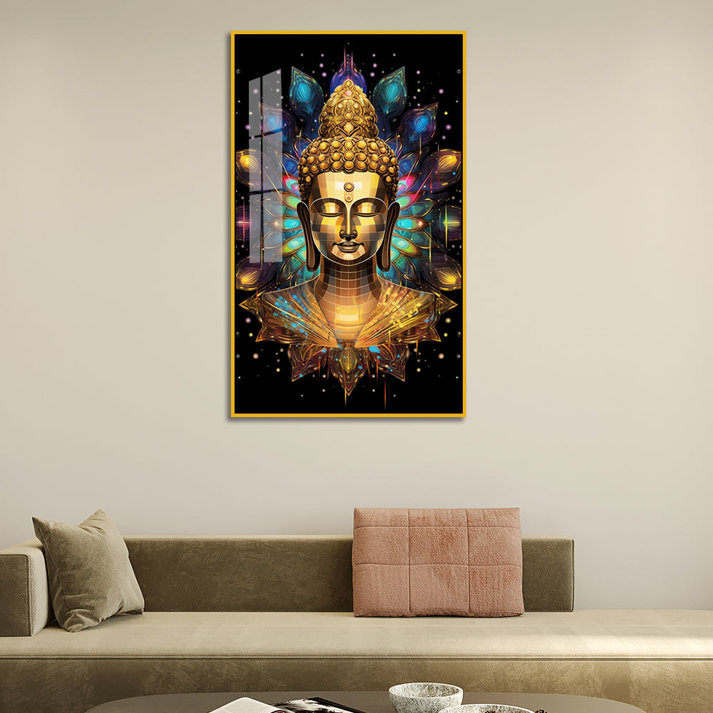 Abstract Golden Buddha Bust Acrylic Wall Paintings with Lotus Aura Main image