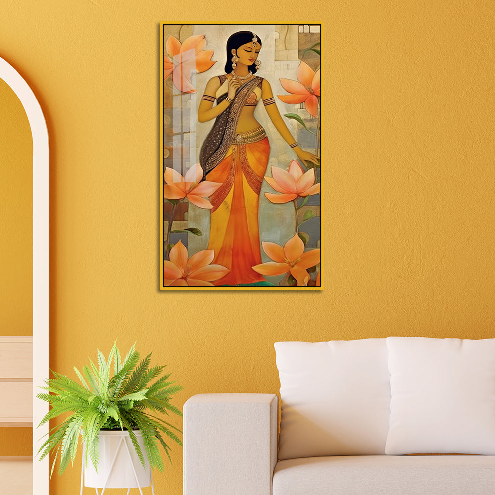 Traditional Indian Woman with Orange Lotus Acrylic Wall Paintings Main image