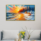 Abstract Golden Sunset Beach with Snowy Forest Canvas Print wall painting
