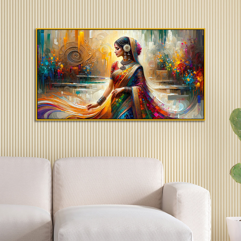 Abstract Beauty: Modern Indian Beauty Woman in Saree Canvas Print Wall Art Secondary image