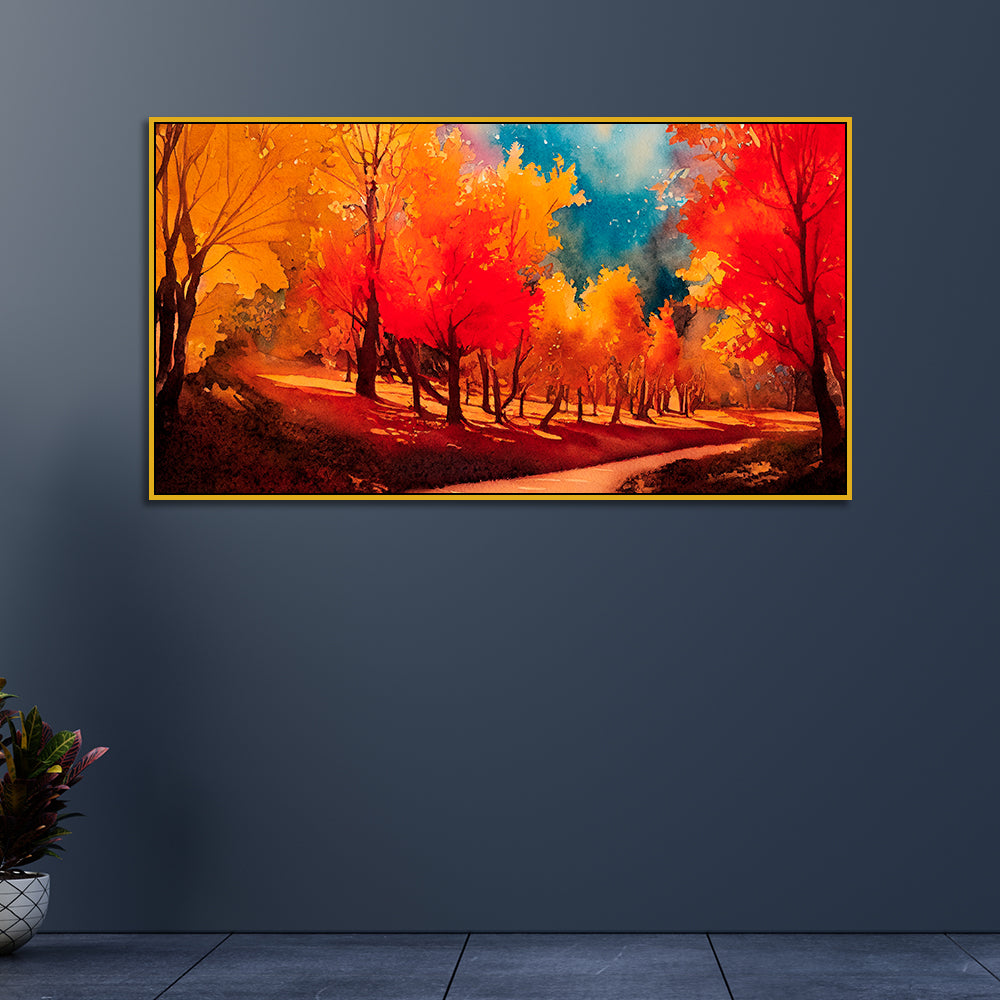 Vibrant Autumn Forest Path Watercolor Canvas Printed Wall paintings Secondary image
