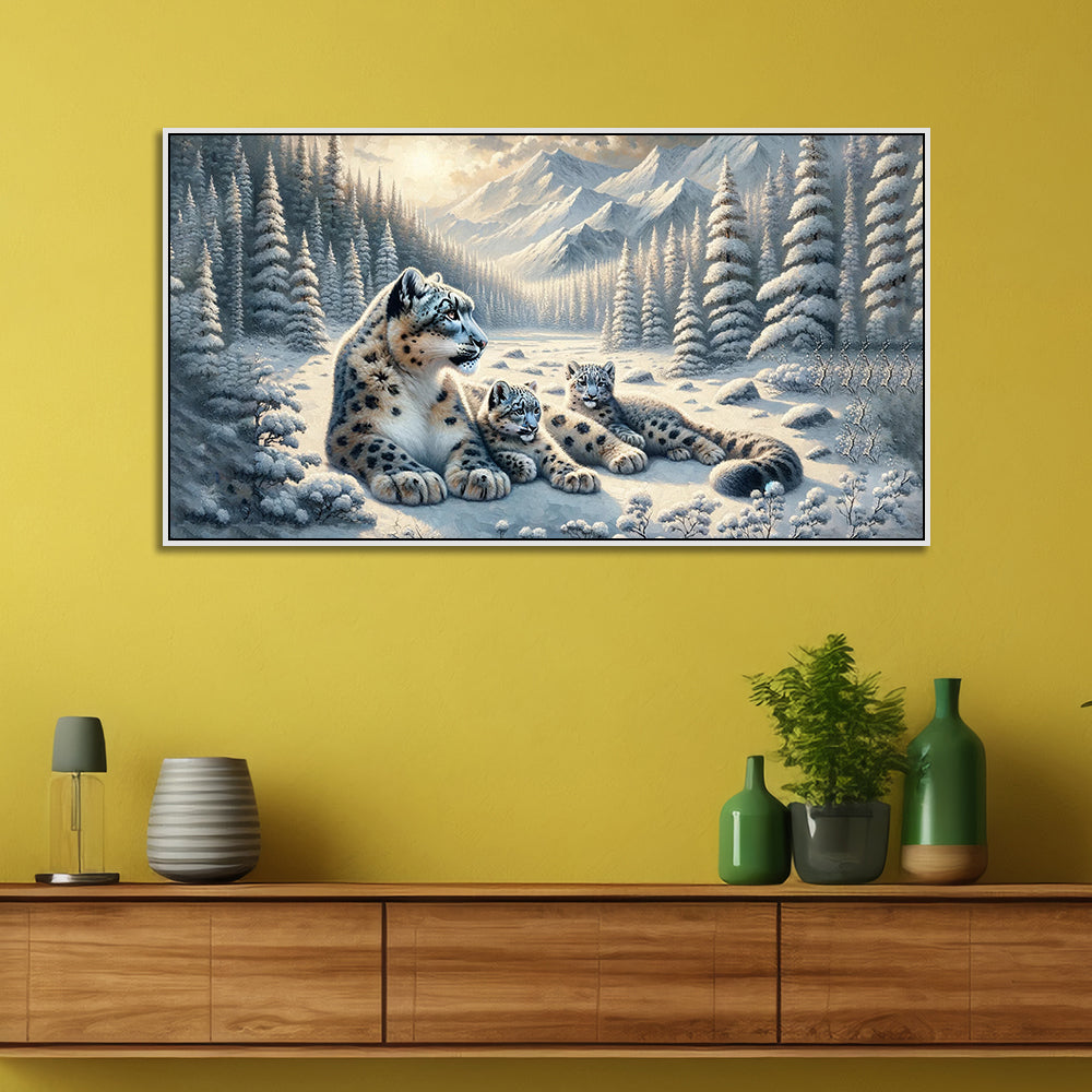 Winter Guardians: Snow Leopard Family Canvas Print Wall Painting Main image