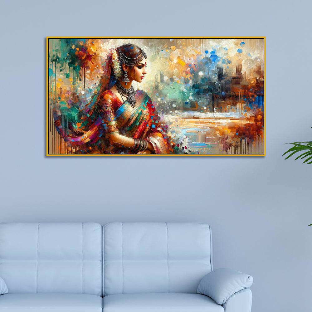 Saree & Bindi : Woman in Traditional Attire Canvas Print Wall Painting Secondary image