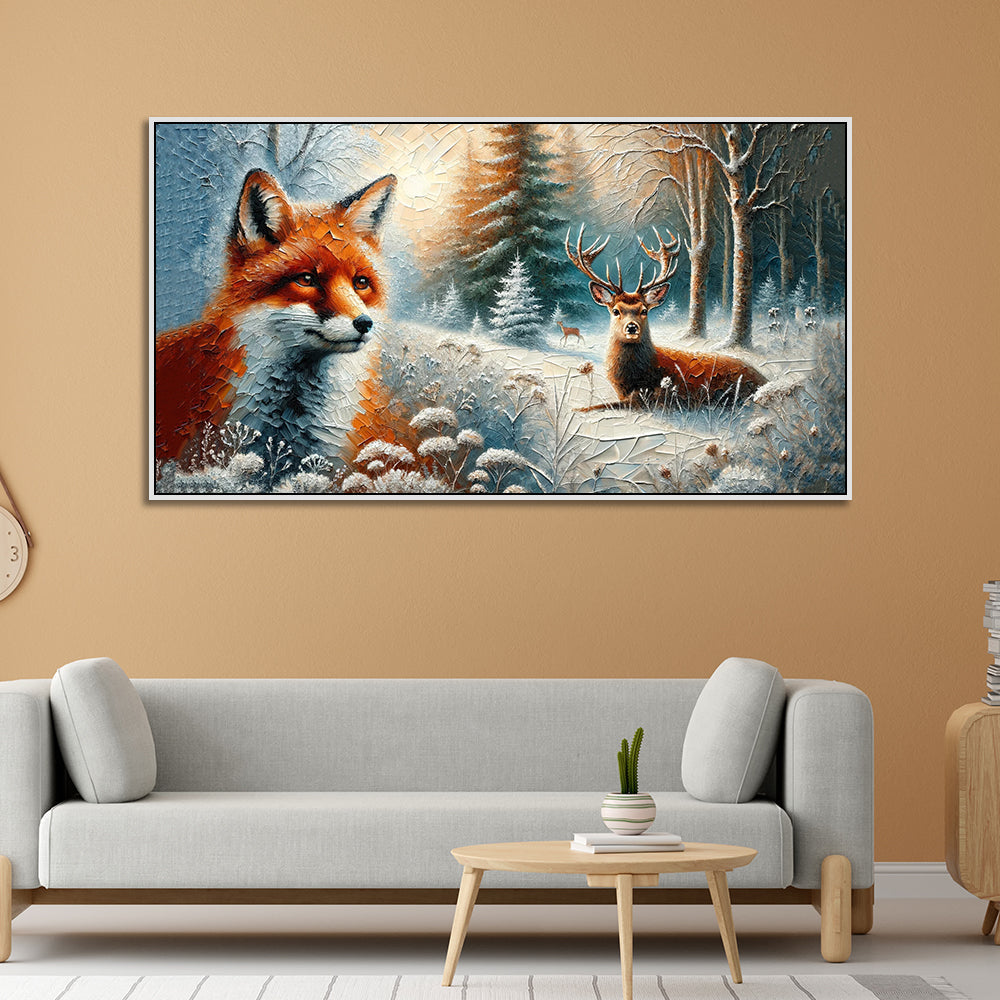 Snow-Covered Wilderness: Fox & Deer Canvas Print Wall Painting Secondary image