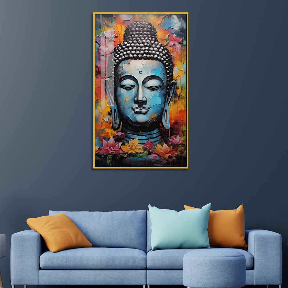 Abstract Buddha Bust Acrylic Wall Paintings with Colorful Lotus Flowers