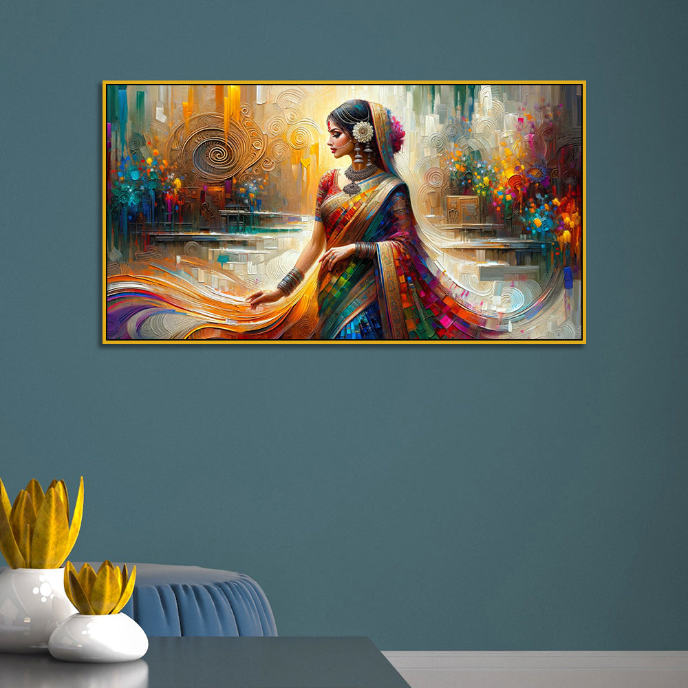 Abstract Beauty: Modern Indian Beauty Woman in Saree Canvas Print Wall Art