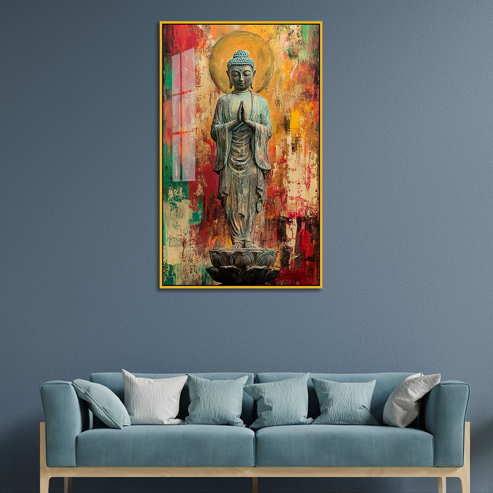 Standing Buddha Acrylic Wall Paintings on Lotus with Abstract Background