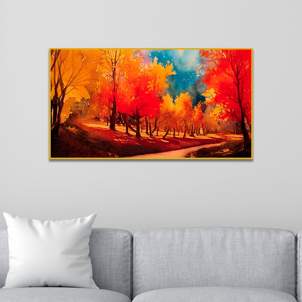 Vibrant Autumn Forest Path Watercolor Canvas Printed Wall paintings Main image