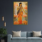 Traditional Indian Woman with Orange Lotus Acrylic Wall Paintings