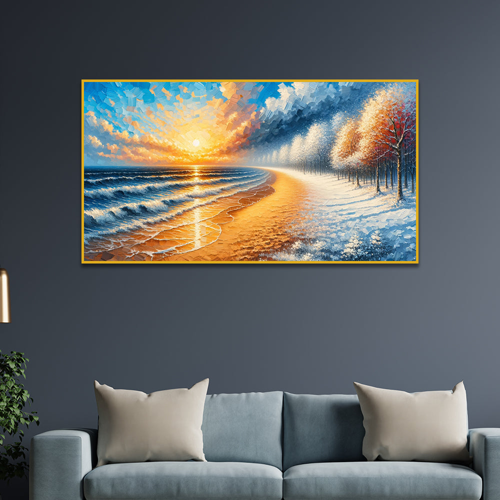 Vibrant Sunset Beach and Snowy Forest Canvas PrintWall Painting