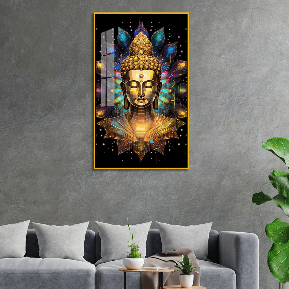 Abstract Golden Buddha Bust Acrylic Wall Paintings with Lotus Aura Secondary image