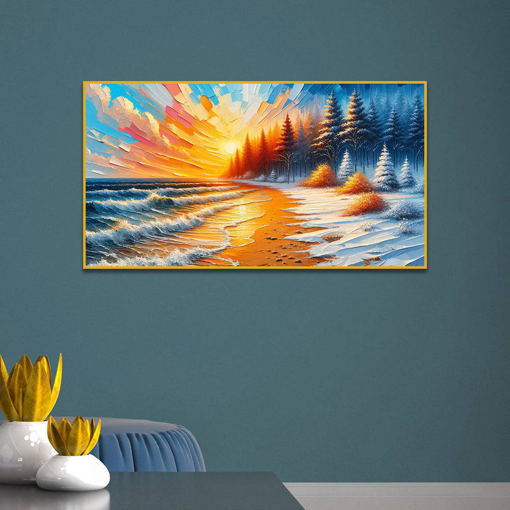 Abstract Golden Sunset Beach with Snowy Forest Canvas Print wall painting Main image