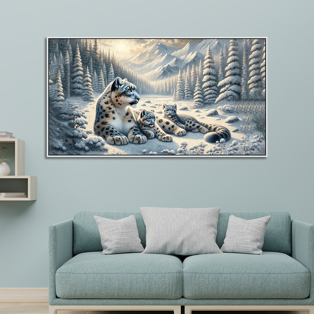 Winter Guardians: Snow Leopard Family Canvas Print Wall Painting