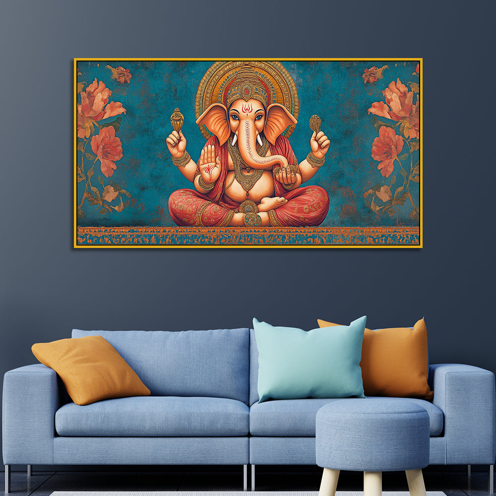 Vintage Ganesha Canvas Painting for Living Room & Temple Space Main image