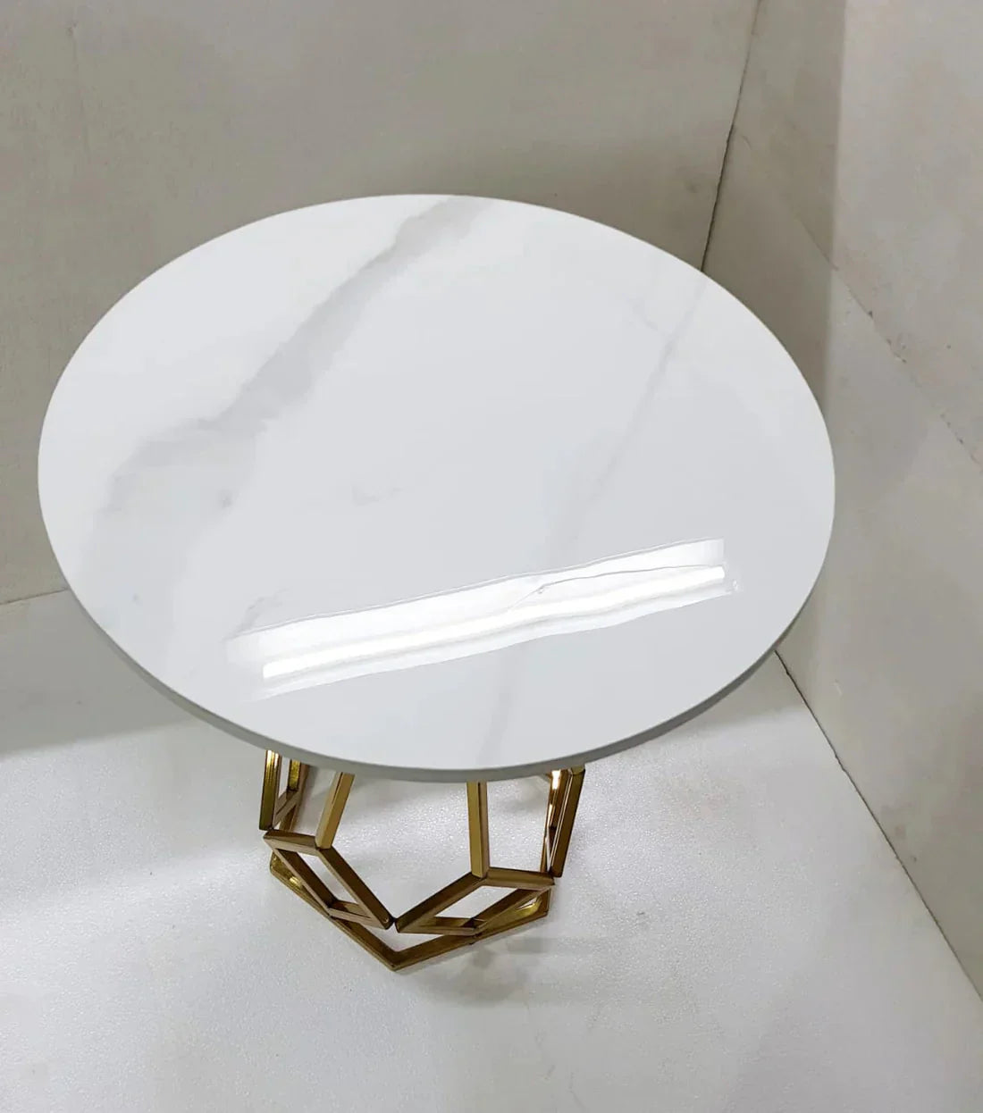 White Marble End Side Table with Hexagon Gold Stand