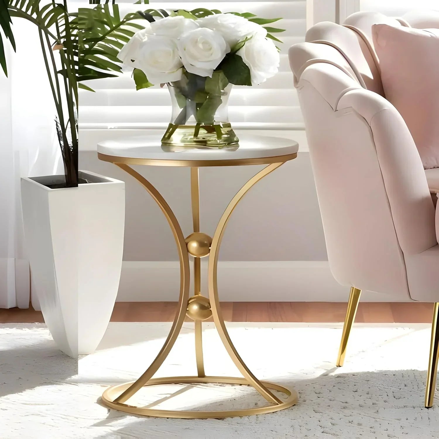White Bedside Round Marble Side Table with Gold Stand Main image