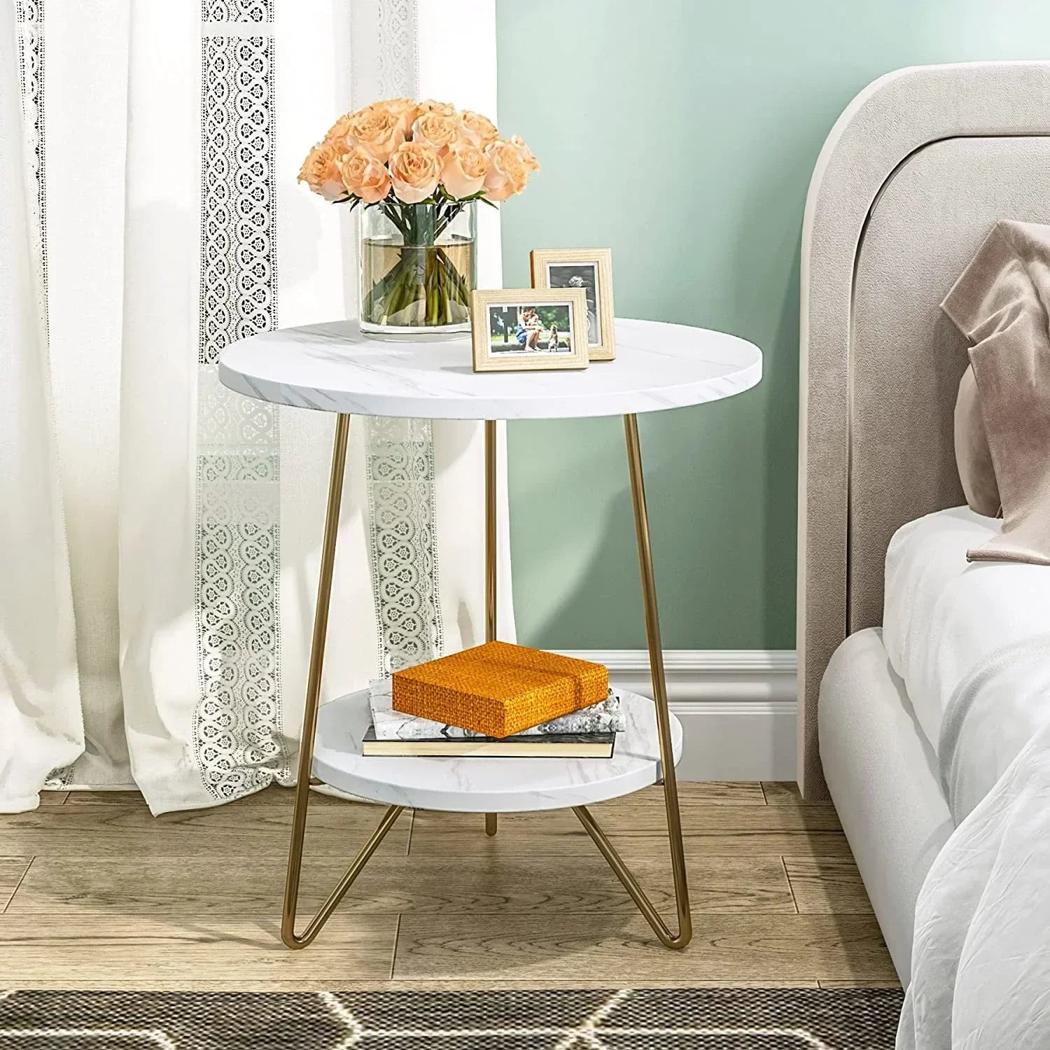 White Marble End Side Table with Lower Shelf Secondary image