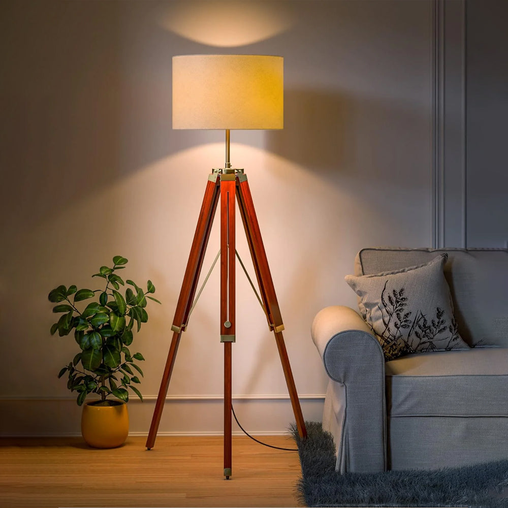 Wooden Tripod Floor Lamp 3 Legs Standing Brown Polished Brass Antique Adjustable 5ft Height with 16 inches Off White Drum Lampshade Main image