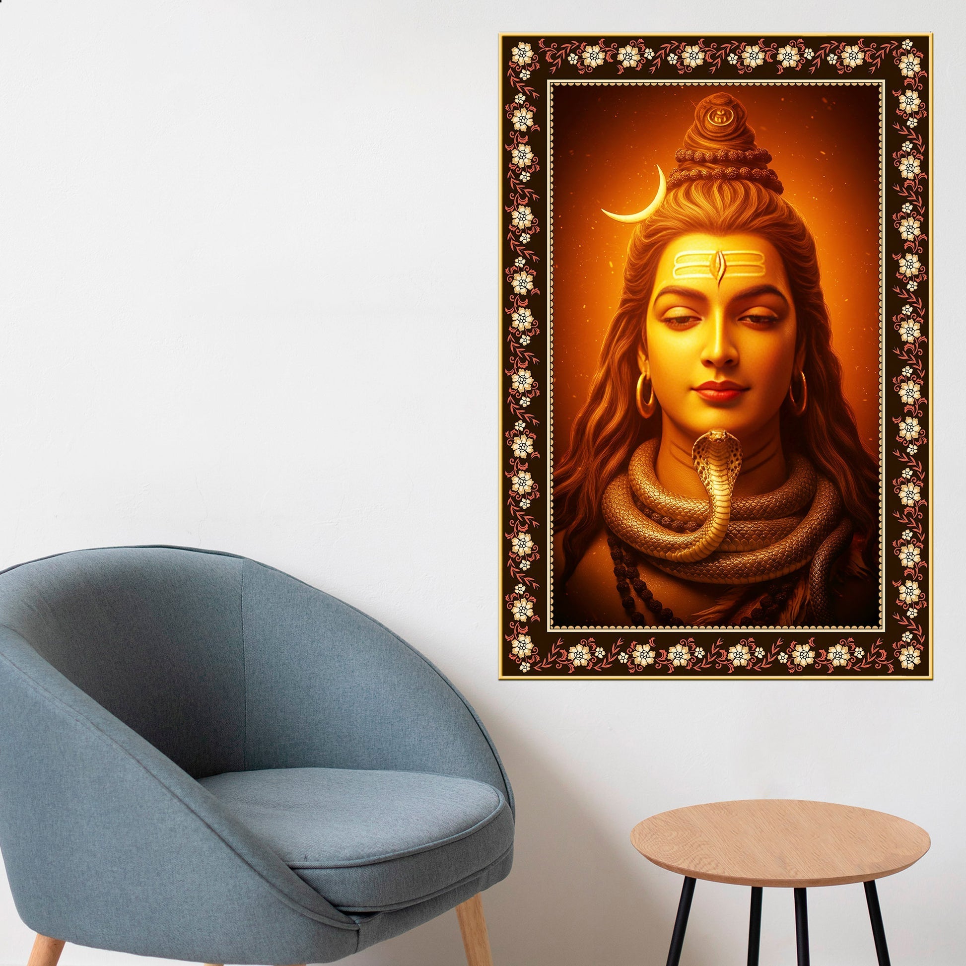 Adiyogi Shiva with Moon Floral Border Vertical Wall Painting Secondary image