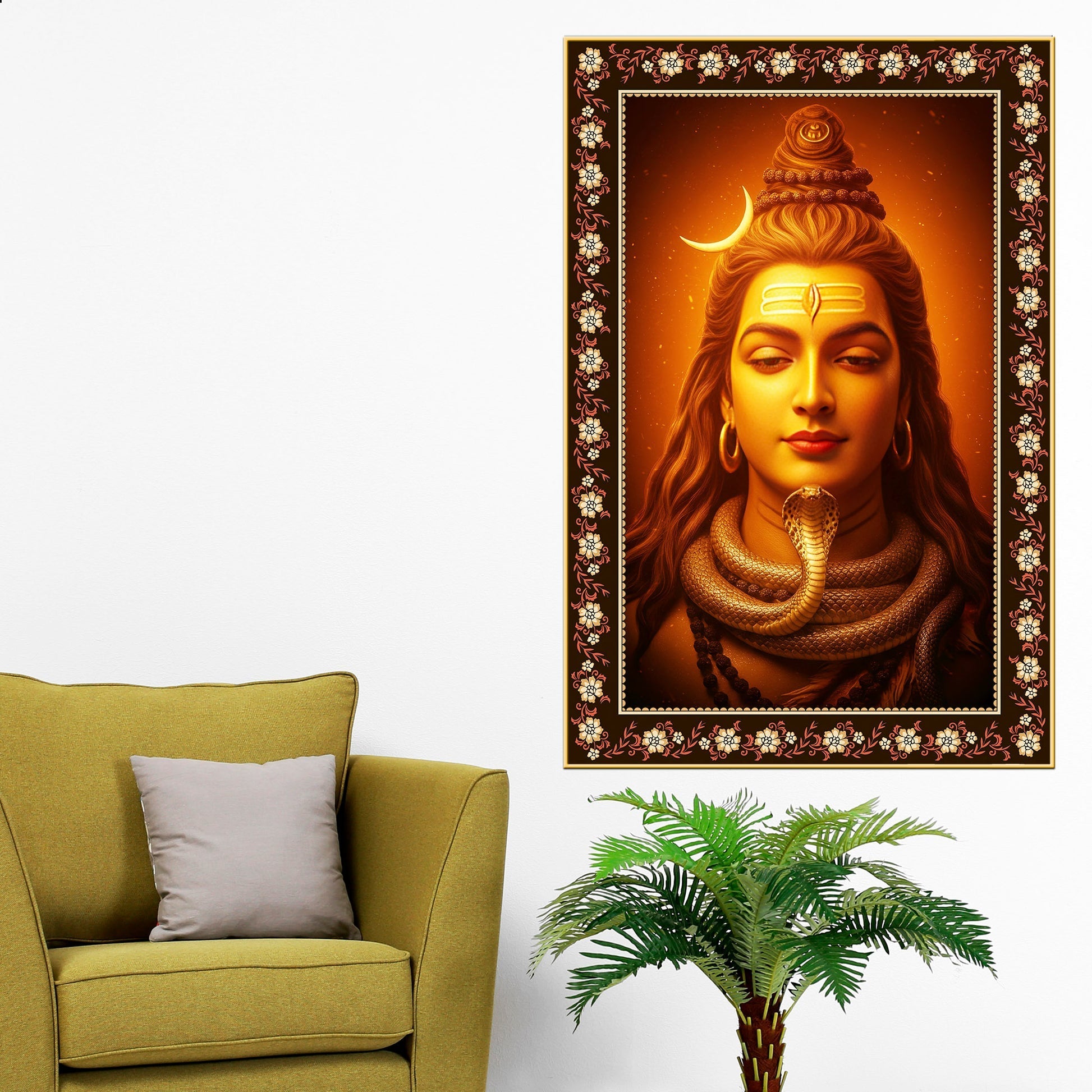 Adiyogi Shiva with Moon Floral Border Vertical Wall Painting