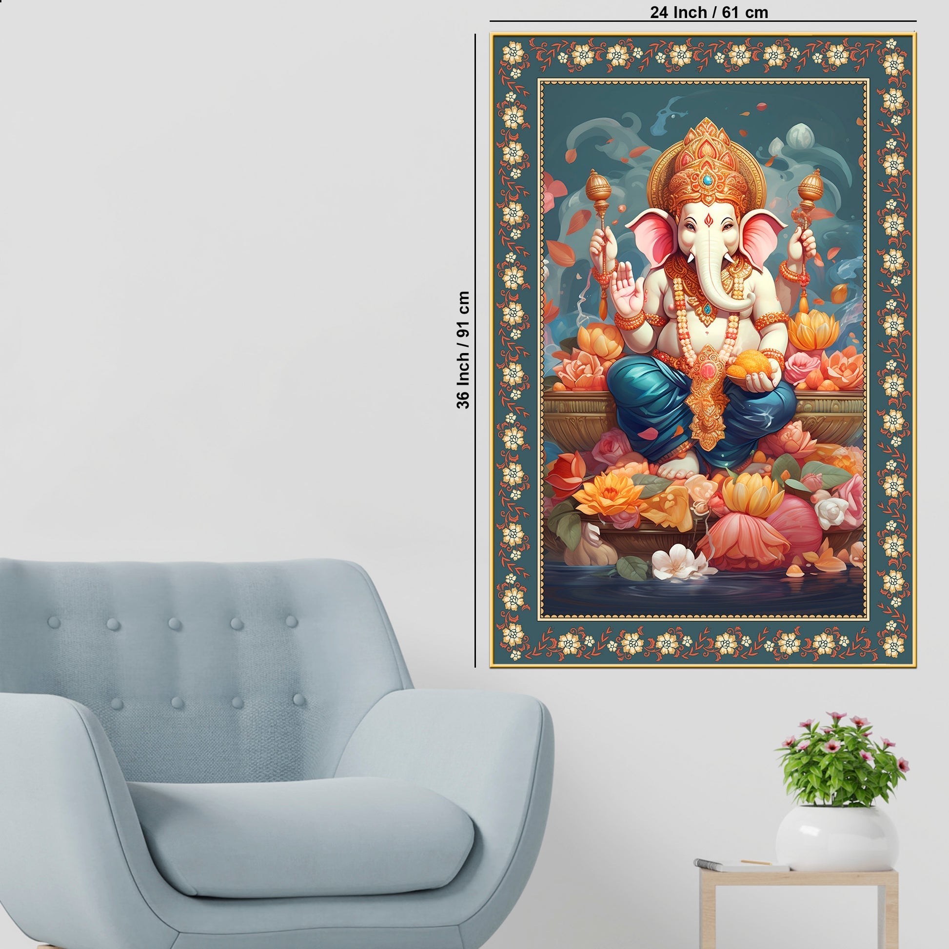 Auspicious Lord Ganpati Floral Border Vertical Wall Painting