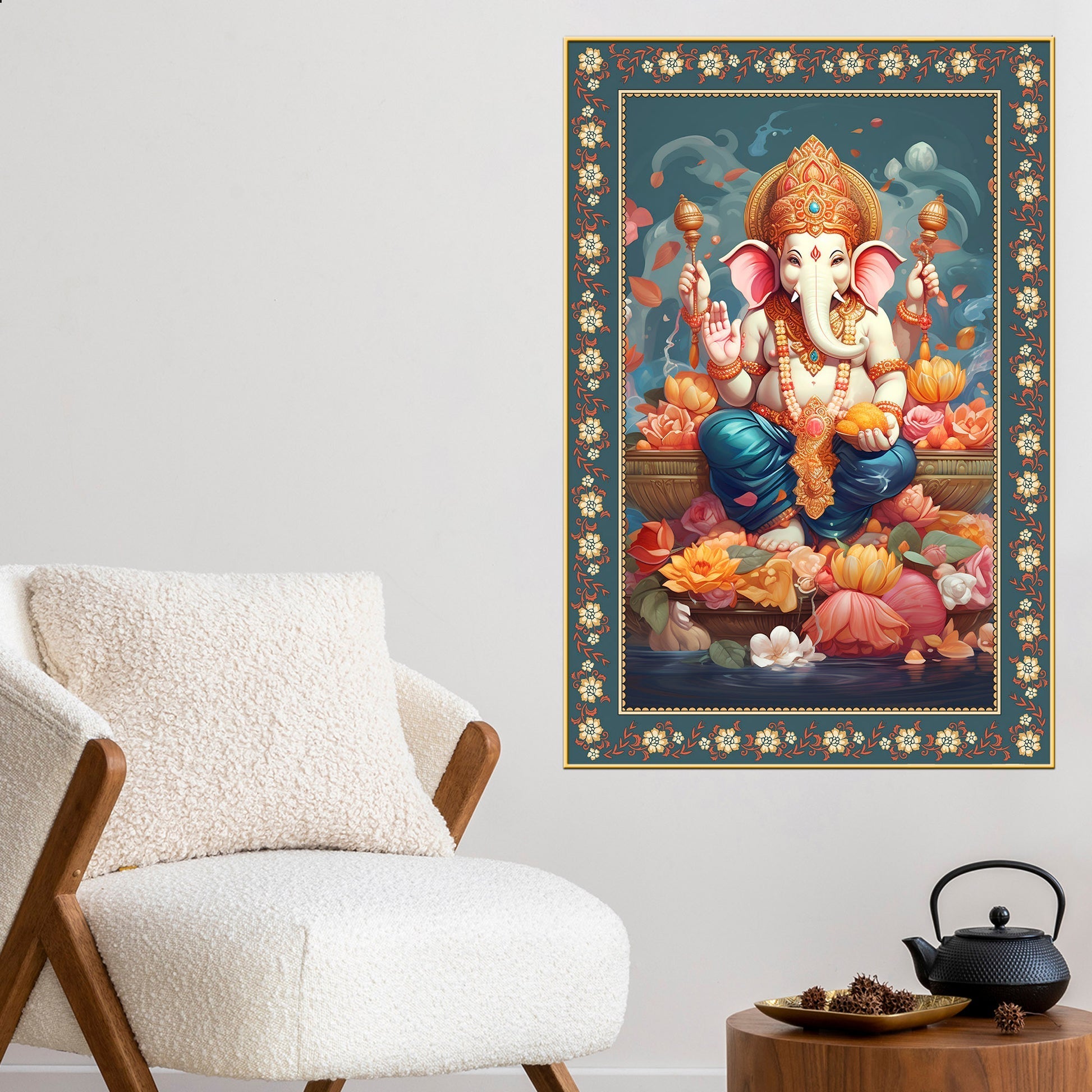Auspicious Lord Ganpati Floral Border Vertical Wall Painting Secondary image