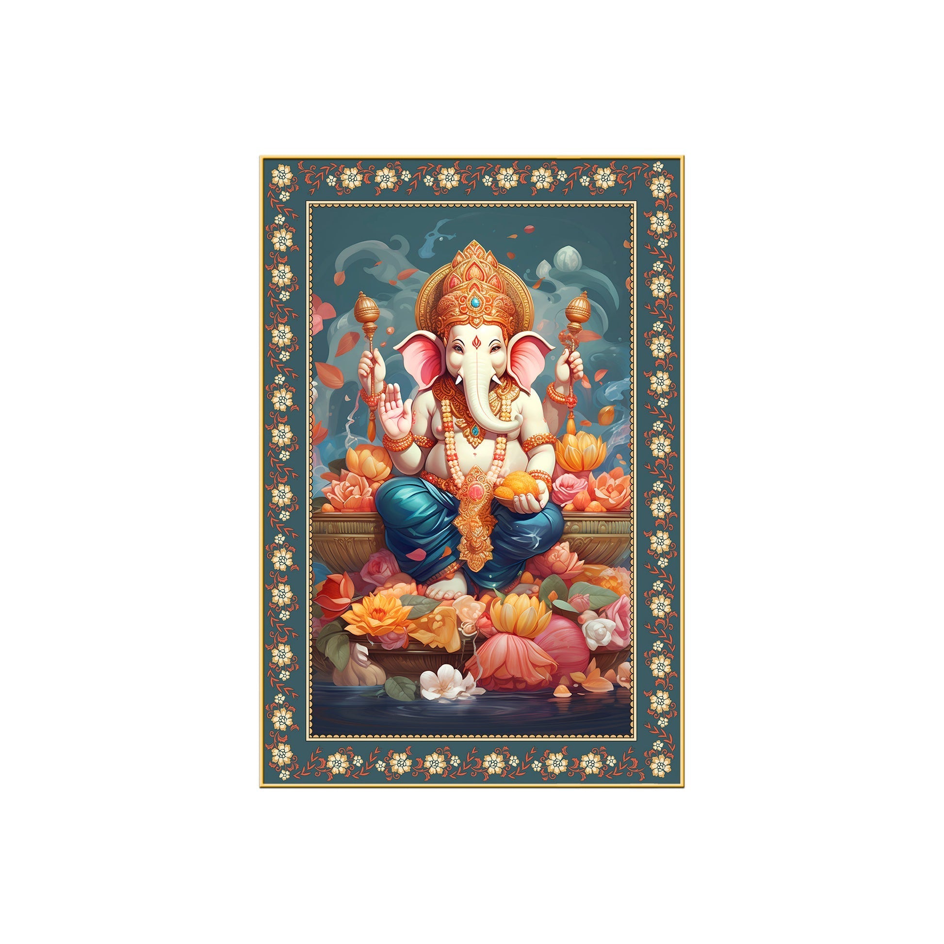 Auspicious Lord Ganpati Floral Border Vertical Wall Painting