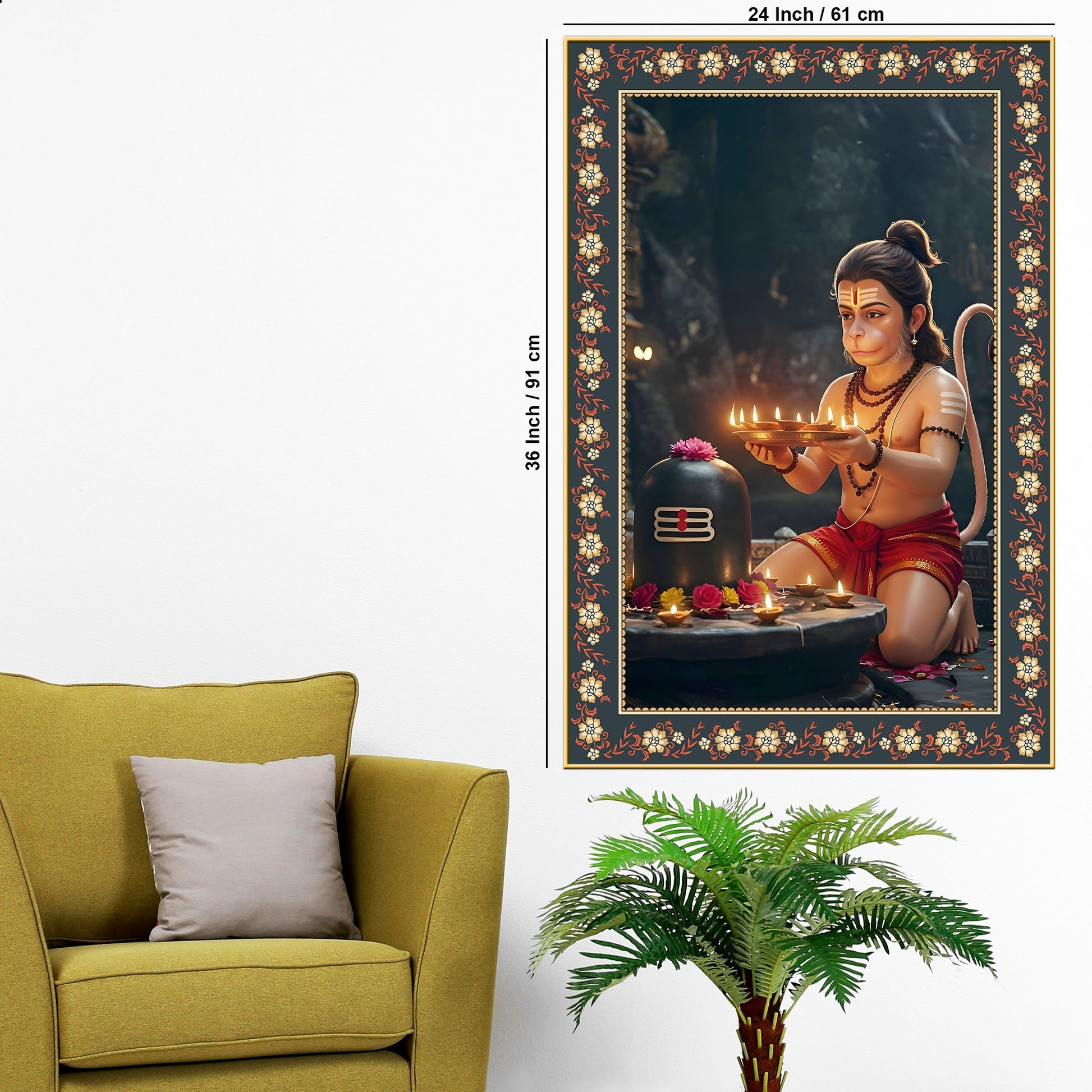 Bal Hanuman with Shivling Floral Border Vertical Wall Painting